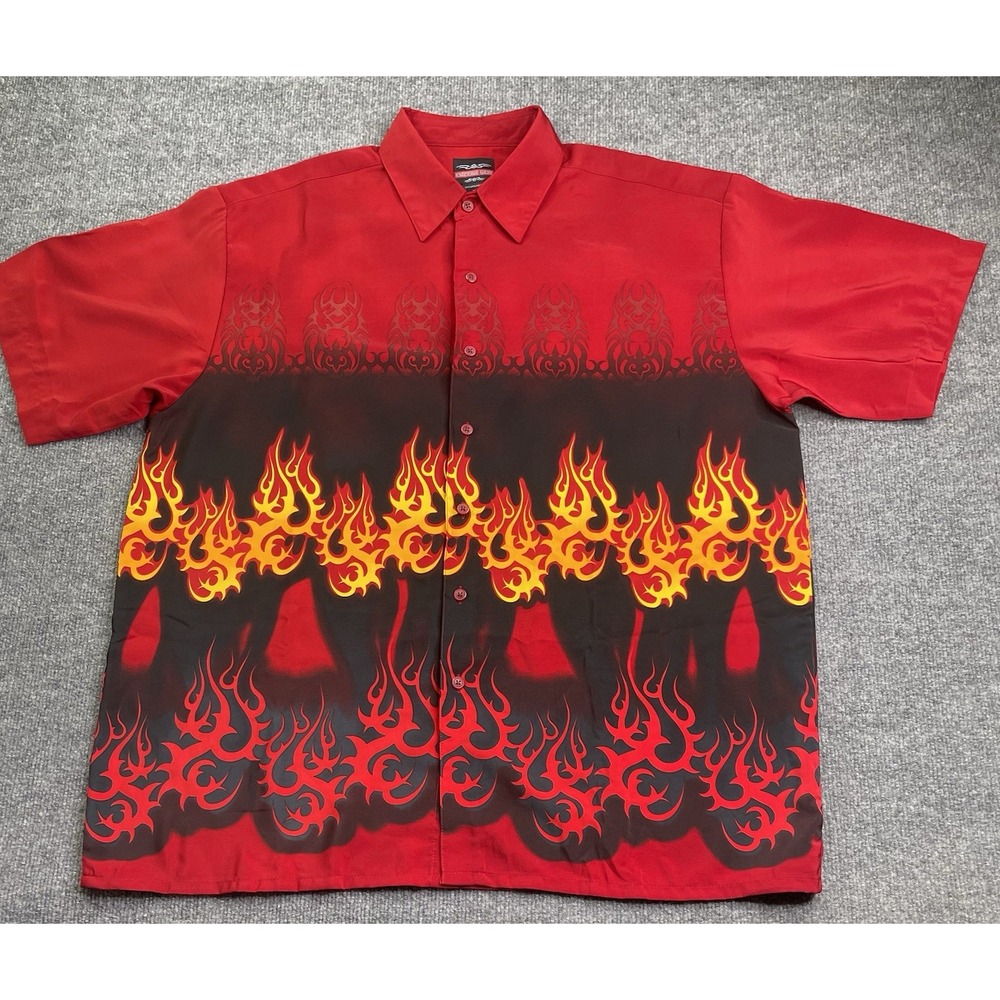 Extreme Gear‎ Button Up Shirt Mens XL Red Flame Tribal Graphic Y2K Skater